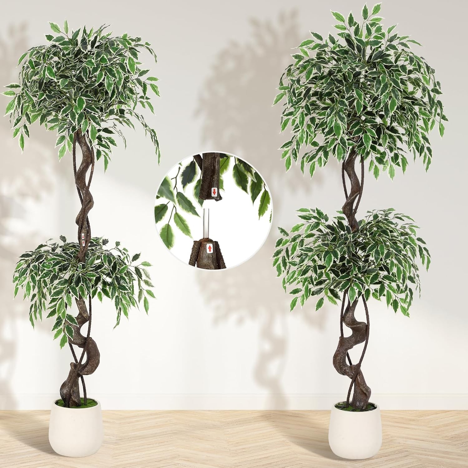GRAVEE 5ft Artificial Ficus Tree Tall Fake Indoor Plant White Planter Pebbles