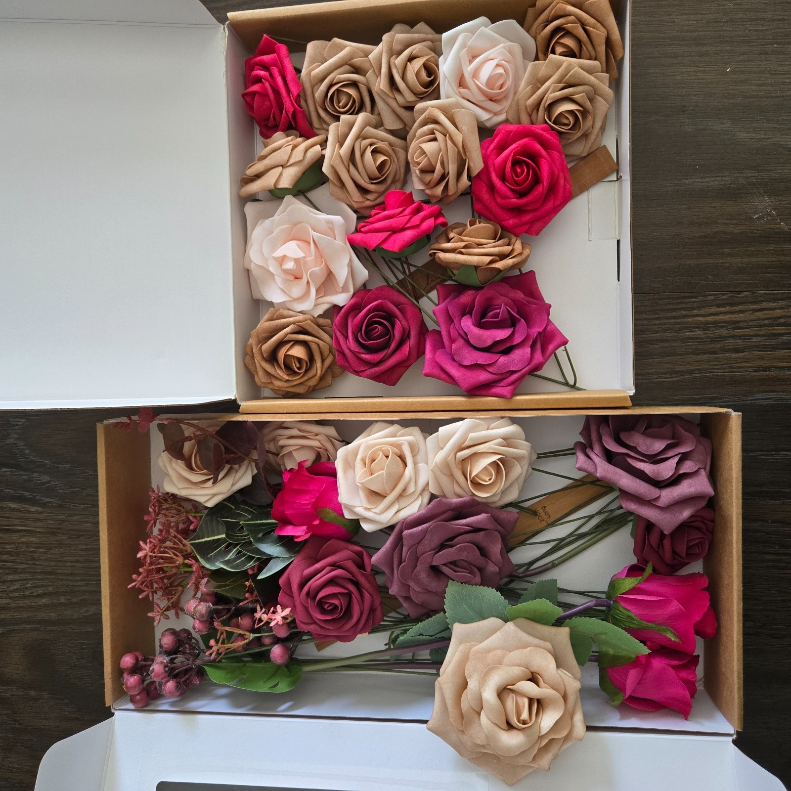Lot 28 Ling’s Moment Artificial Roses Flowers 2-3″ Pink Purple Beige + Greenery