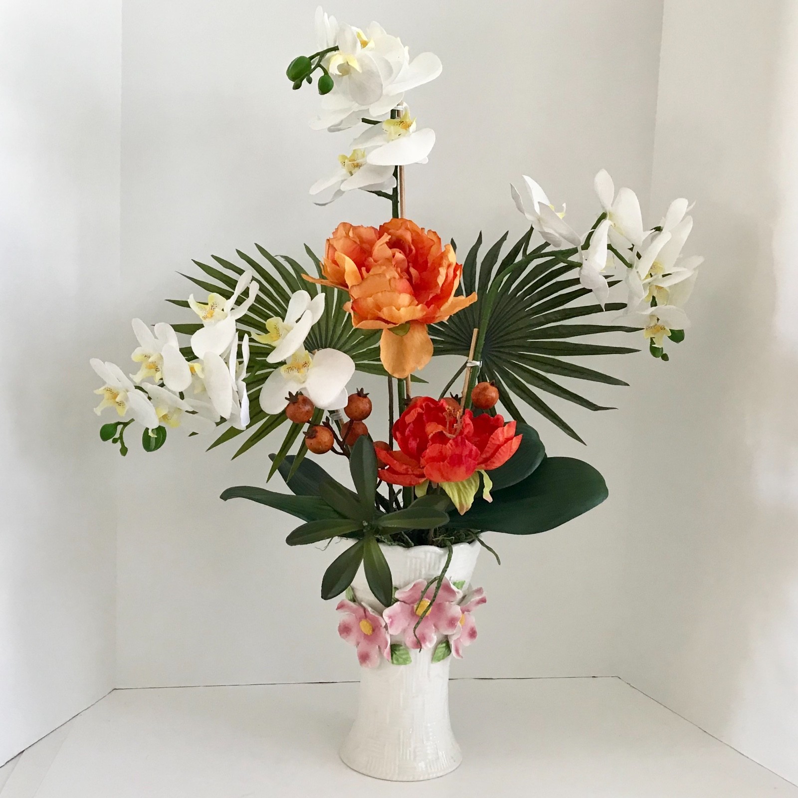 Decorative White Silk Orchids and Orange Roses with Palm Branchs Green Foliage