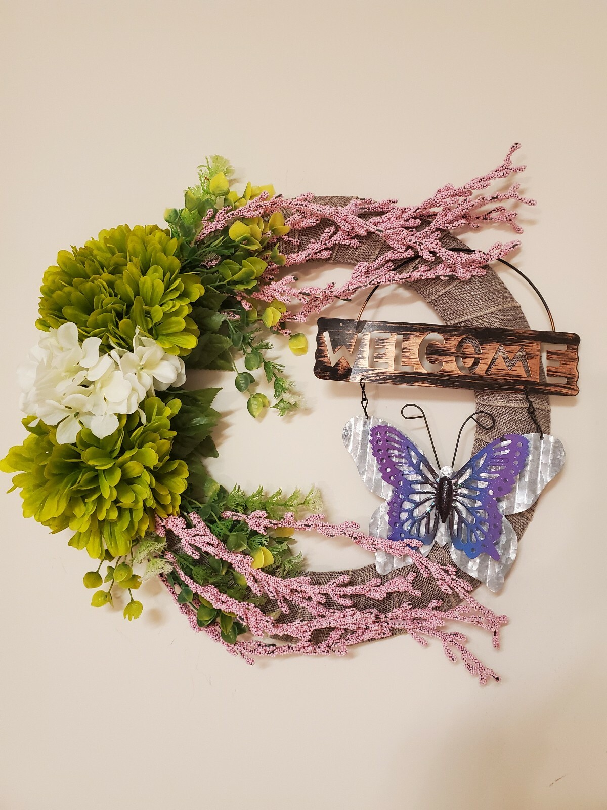 WELCOME fall spring Wreath green white pink FLOWER beige burlap Decor Front Door