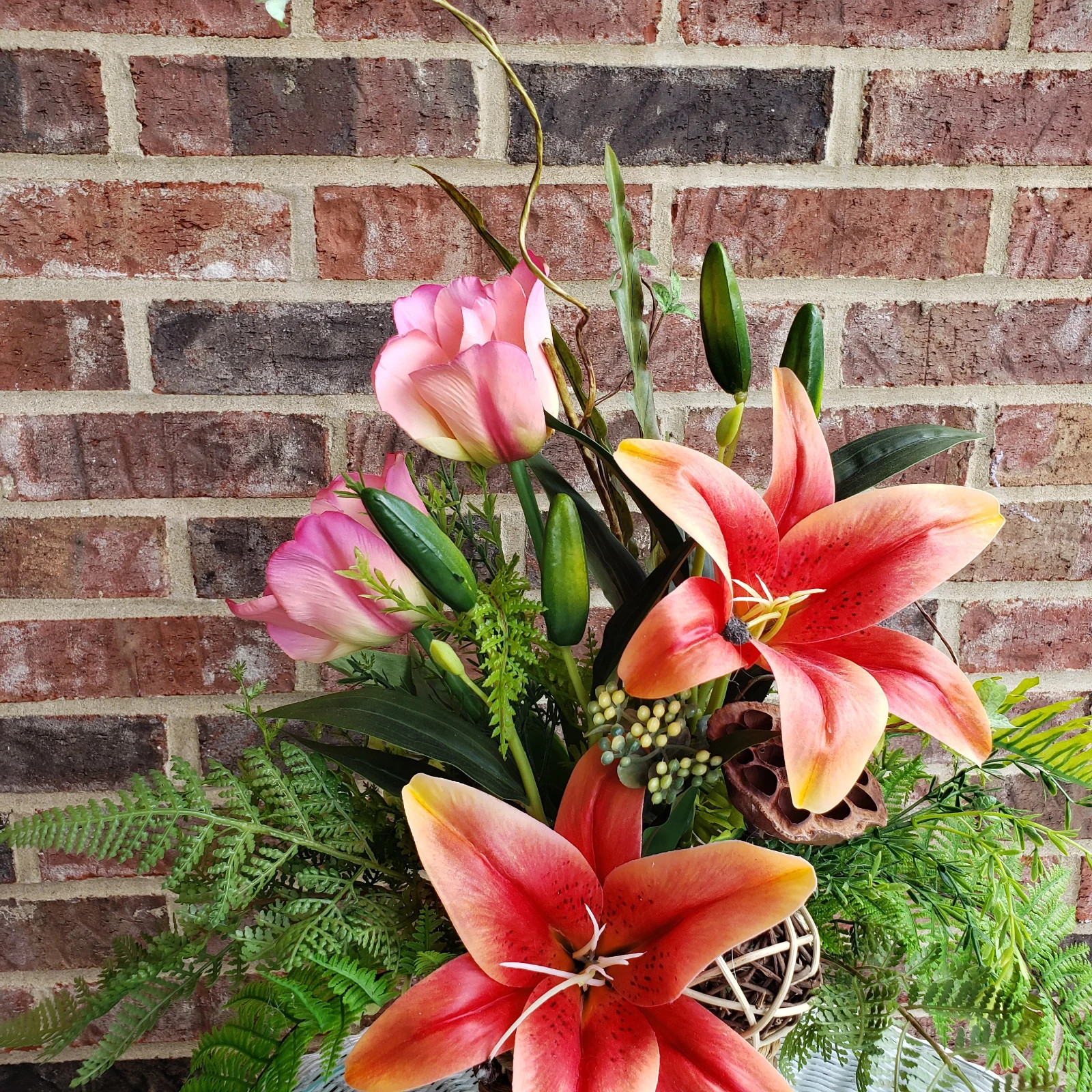 Orange Lily & Pink Tulip Arrangement: Spring Basket Floral, Silk Floral Decor