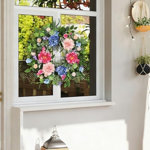 24 Inch Spring Wreaths for Front Door, Artificial Front Door Wreath Hydrangea