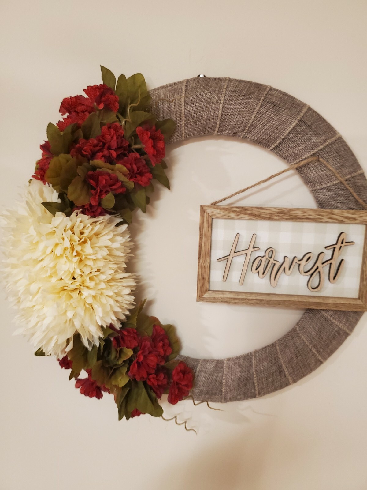 HARVEST fall FLOWER chrysanthemum mums red burlap WREATH autumn Decor Front Door