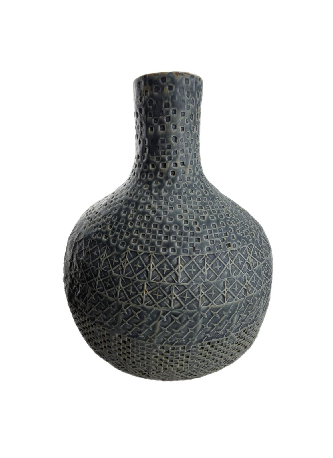 Textured Ceramic Vase w/ Intricate Geometric Patterns 10″ Tall Green Finish Deco