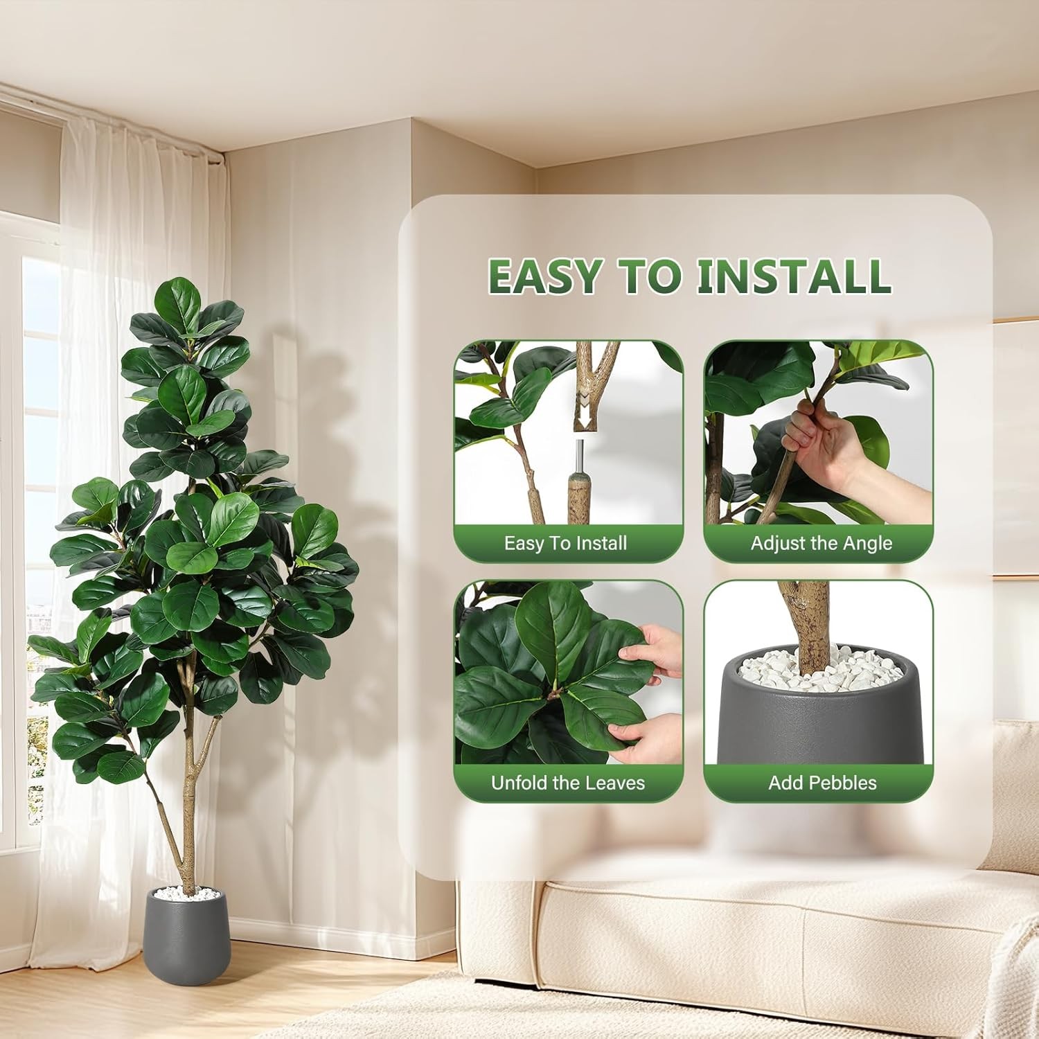 Artificial Plant Ficus Fig Tree Plant Black Plastic Pot 180cm Fiddle Fig 6ft
