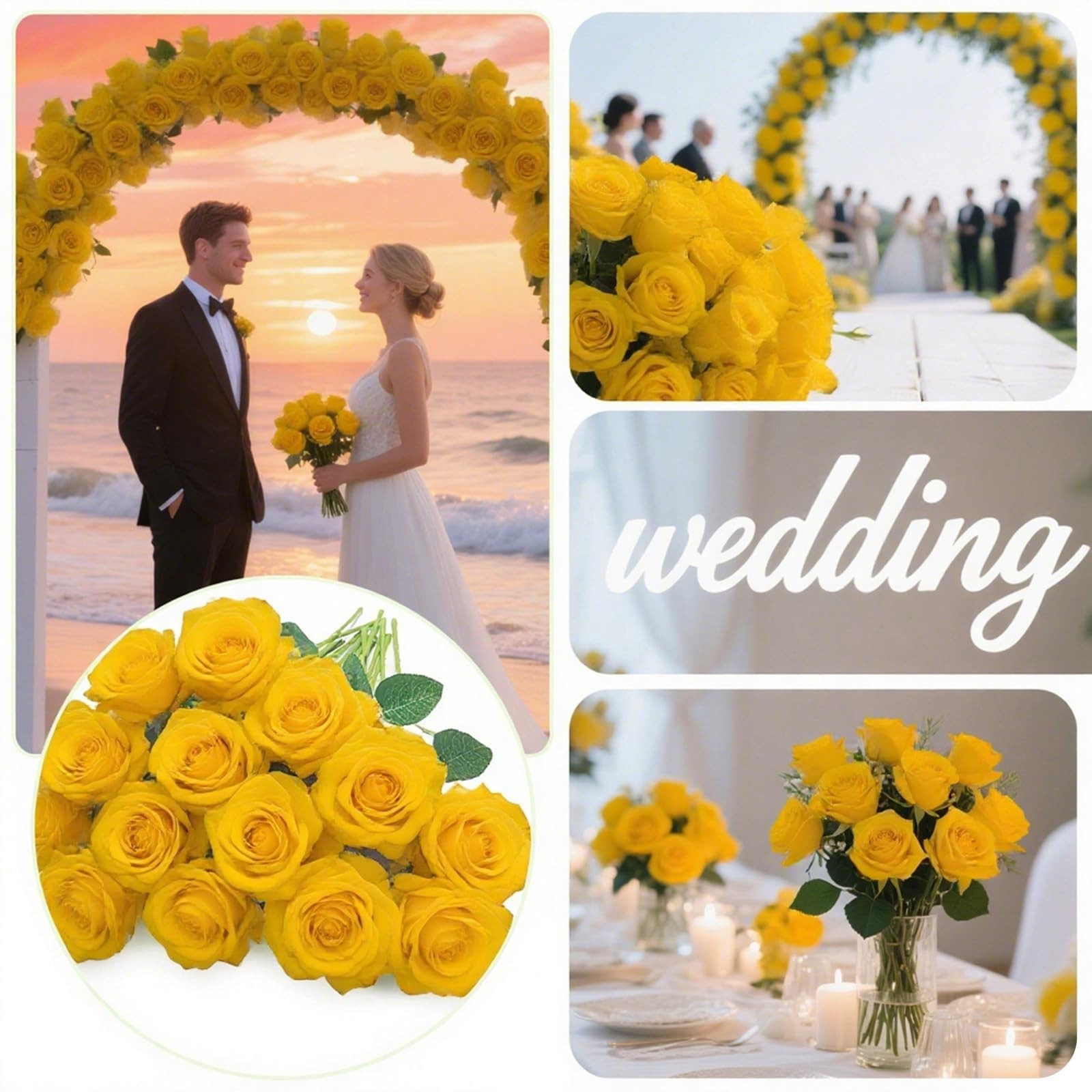 Yellow Roses Artificial Flowers 15 PCS, Fake Roses Silk Flowers with Long Ste…