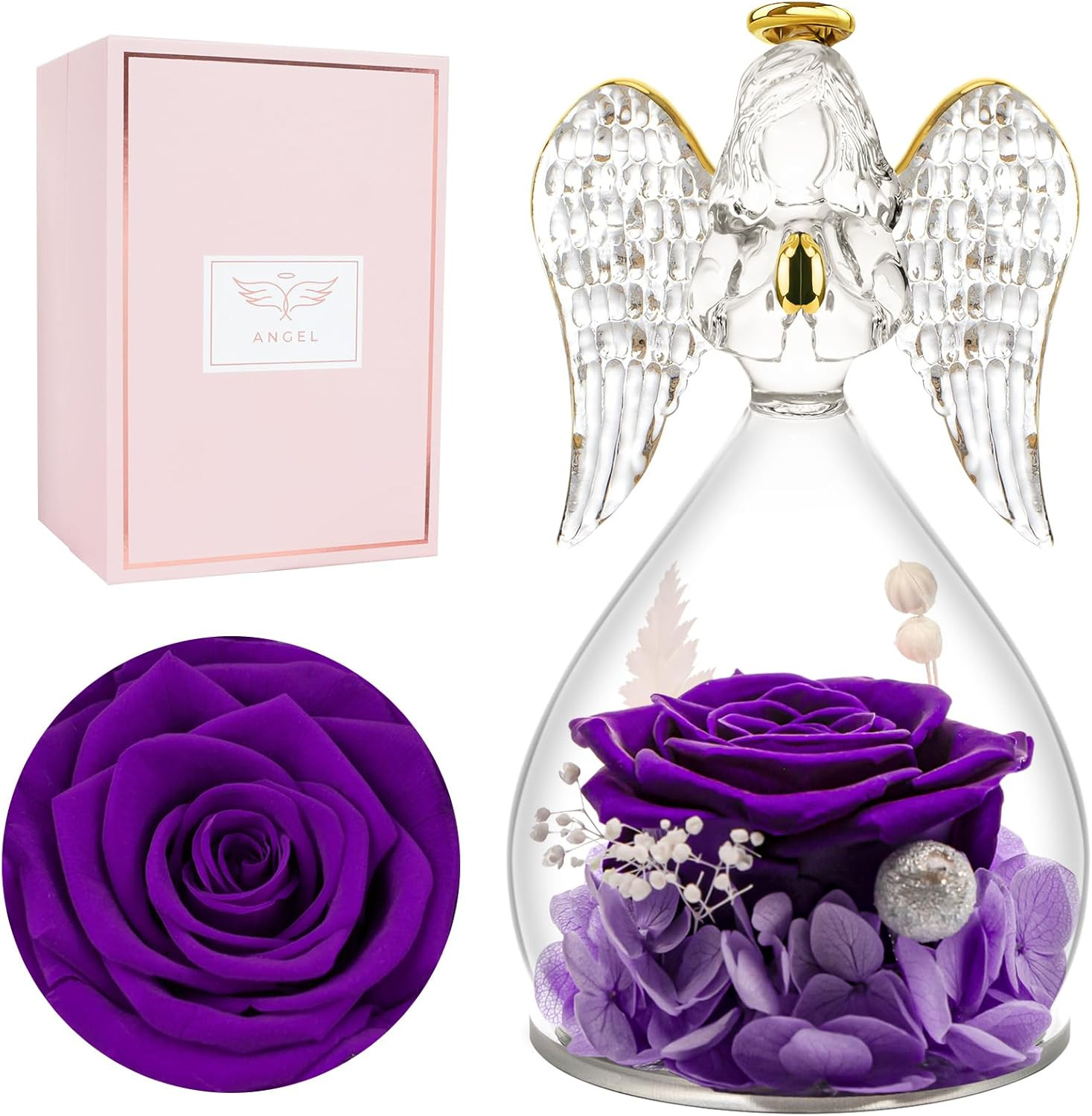 Preserved Flower Rose Birthday Gifts for Mom, Angel Figurines with Forever Real