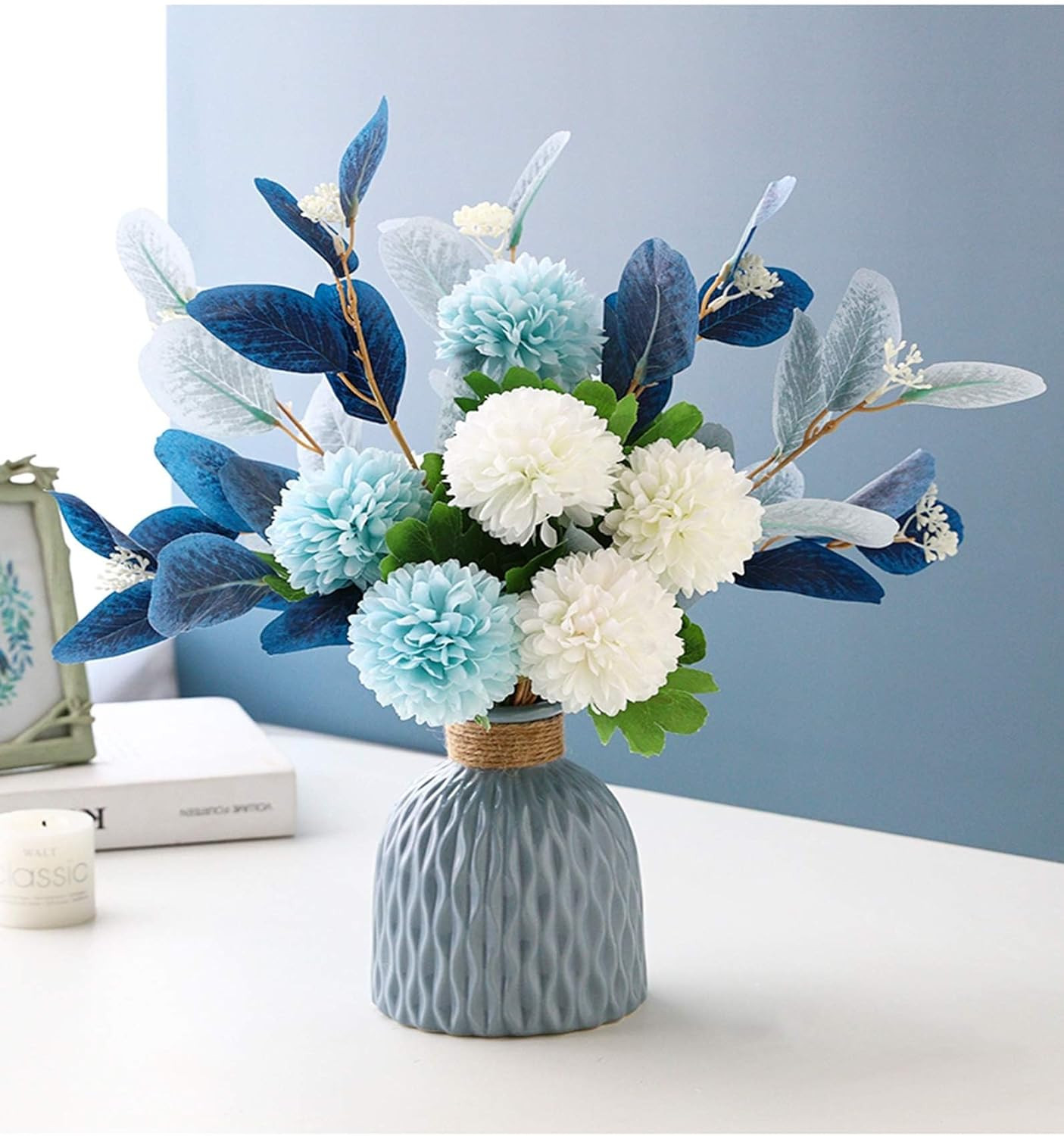 Artificial Flowers with Ceramic Vase Faux Hydrangea Flower Arrangements Table Ce