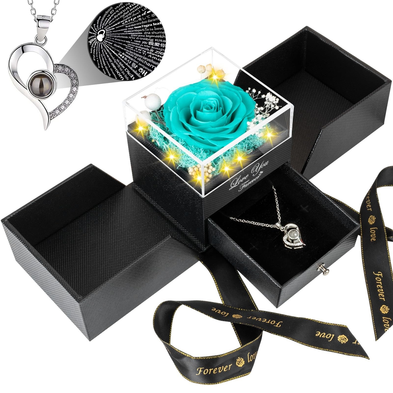 Preserved Light Blue Real Rose with I Love You Necklace -Eternal Flowers Rose…