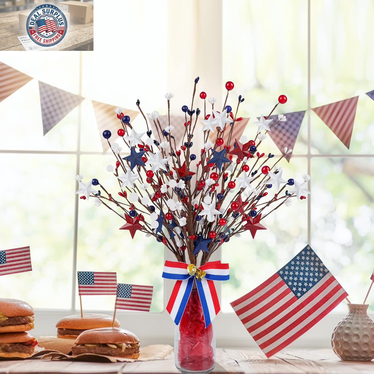 4 Pack Patriotic Artificial Berry Stem Picks White Blue Red Stars for 4Th of Jul