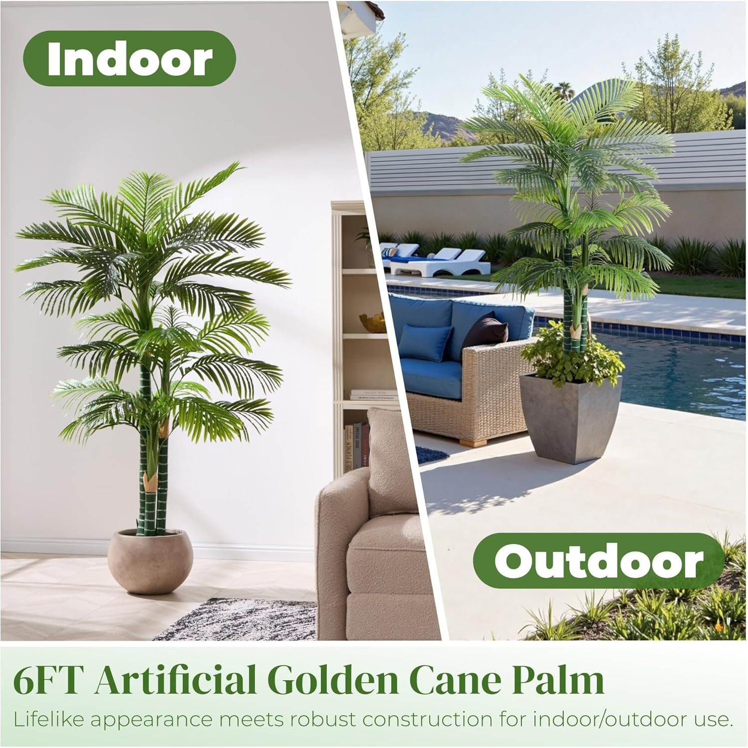 6FT UV Resistant Golden Cane Palm Tree – Realistic Indoor/Outdoor Decor