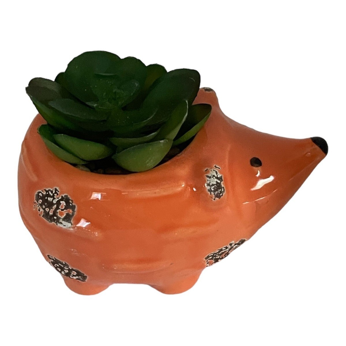 3″ New Hedgehog Orange Vintage Ceramic Planter Faux Green Succulent Plant Small