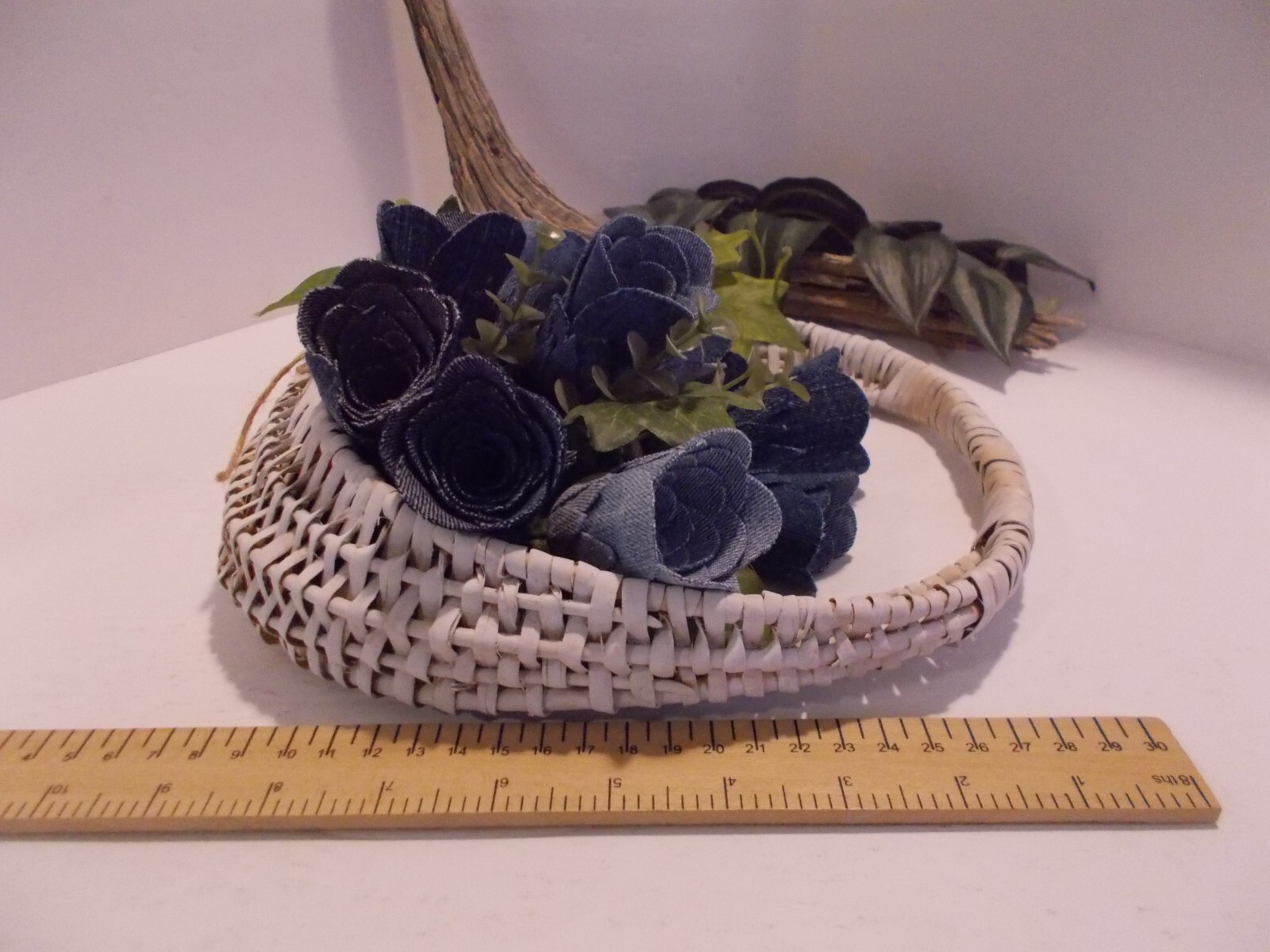 Handcrafted Wall Pocket Basket with 12 Denim Roses – Western Denim Rustic Decor