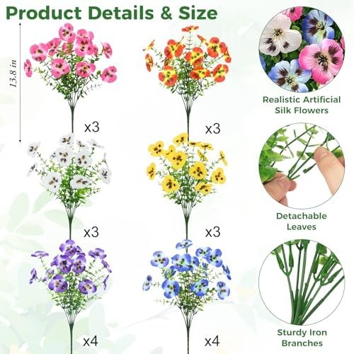 Ouddy Decor 20 Bundles Artificial Pansy Flowers for Outdoors, Fake Silk Flowers