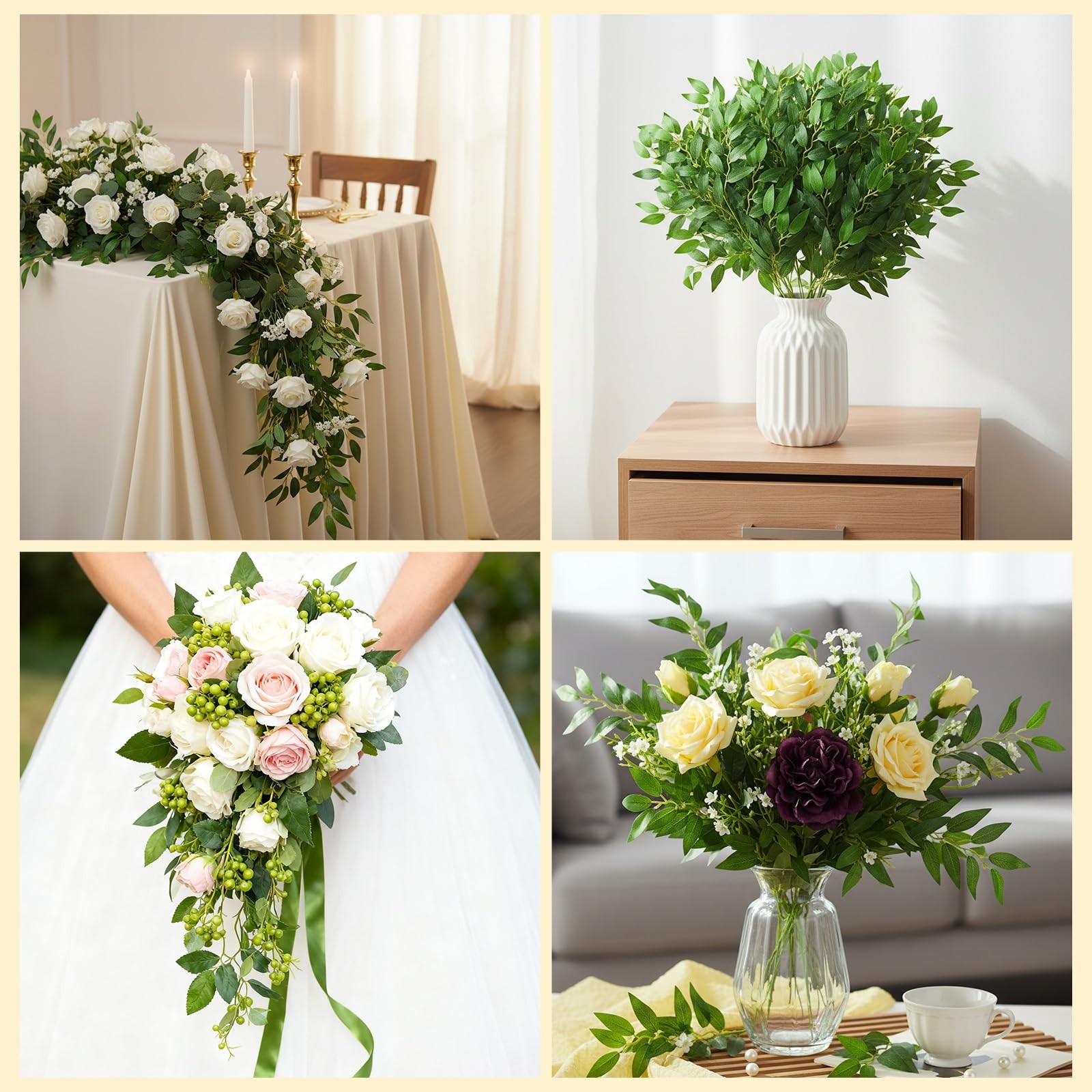 24 Pcs Artificial Italian Ruscus Greenery Stems, 21.6″ Silk Faux Green Leaf G…