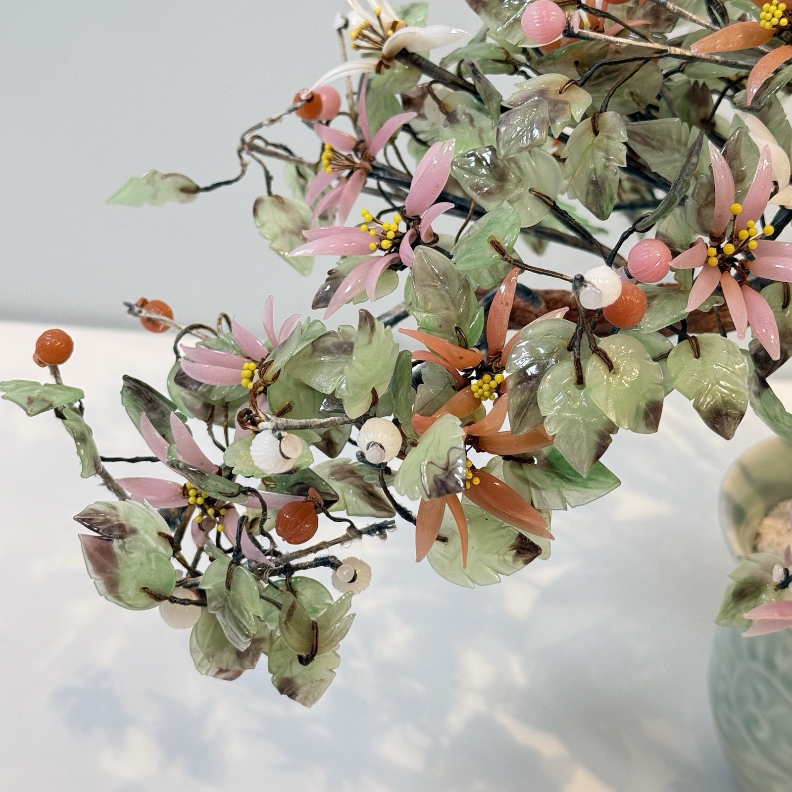 Chinese Glass Bonsai Cherry Blossom Tree 14”T x 18”L Art Decor Vintage SPRING