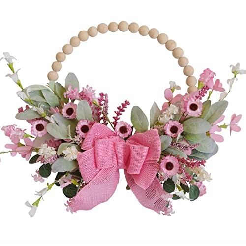 16″ Spring Wooden Beaded Door Wreath Pink Daisy, Burlap Bow Wreath,