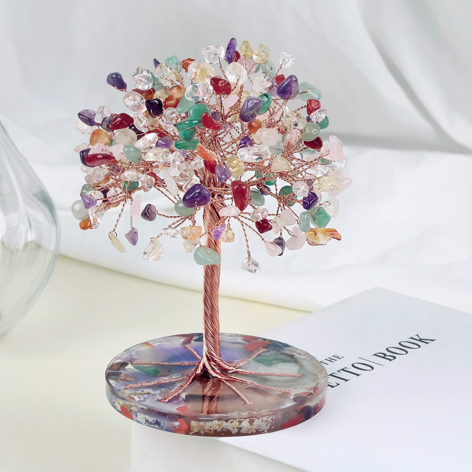 7 Chakra Crystal Stone Money Tree Wrapped on Round Orgone Agate Slices Base, …