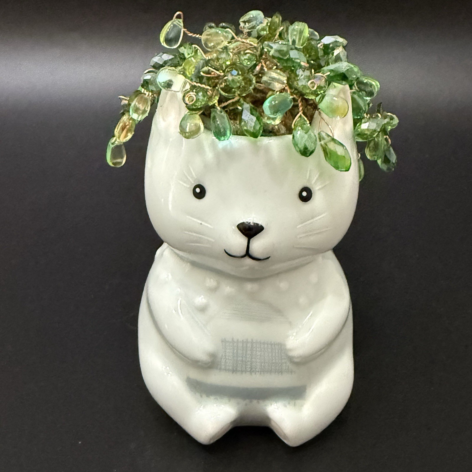 Handmade Beaded Forever Plant Crystal Teardrop Beads 4.5” Ceramic Bear Planter