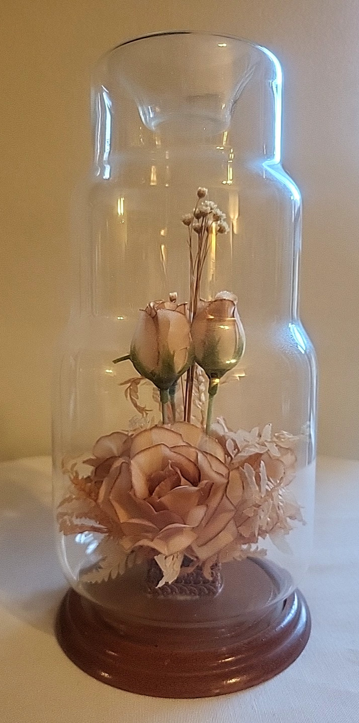 VTG 1970s Creco Trading Pink Roses Cloche Dome Home Decor Wood Base 9.5″ Cottage