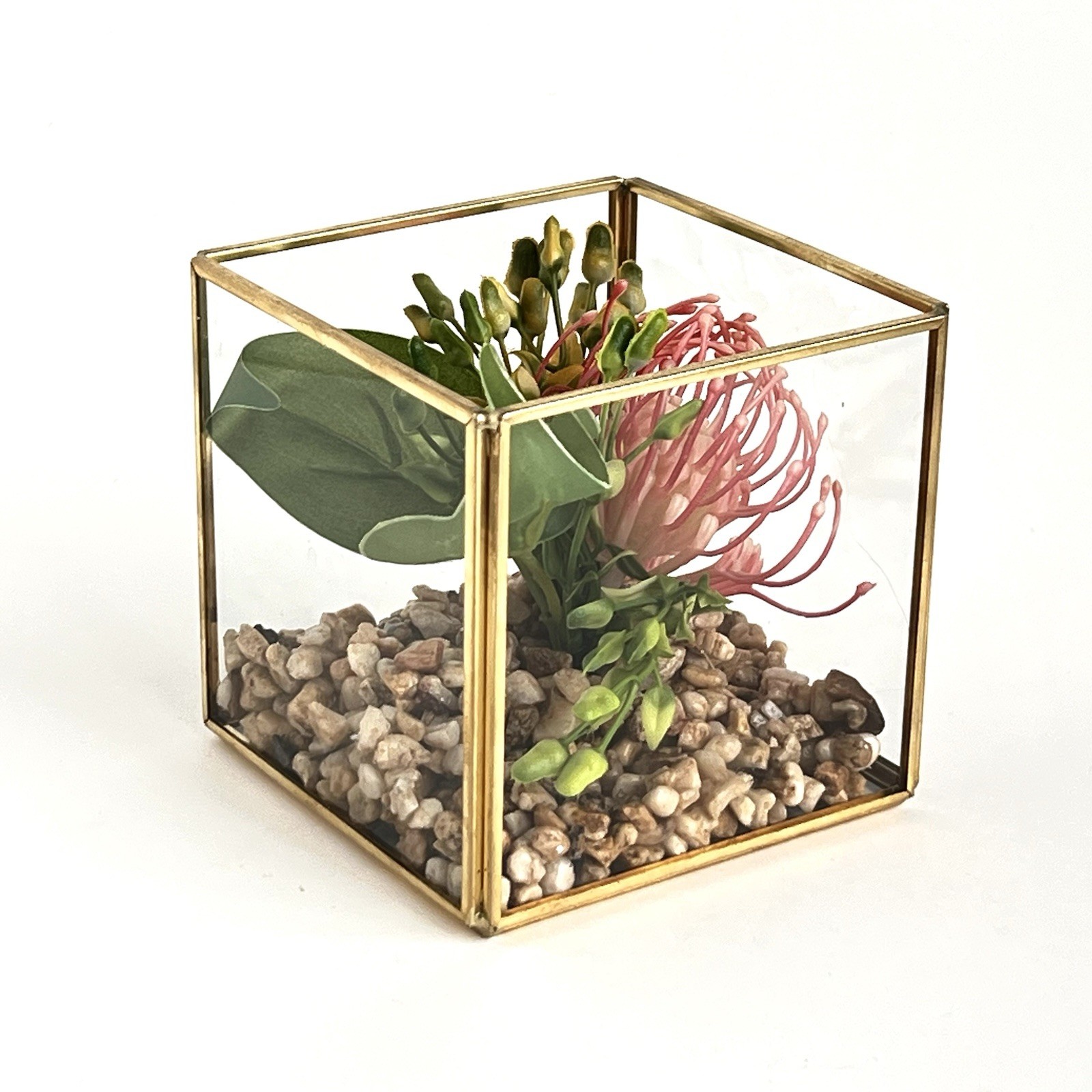 Geometric Square Terrarium Tabletop Planter Artificial Succulents 4” Brass