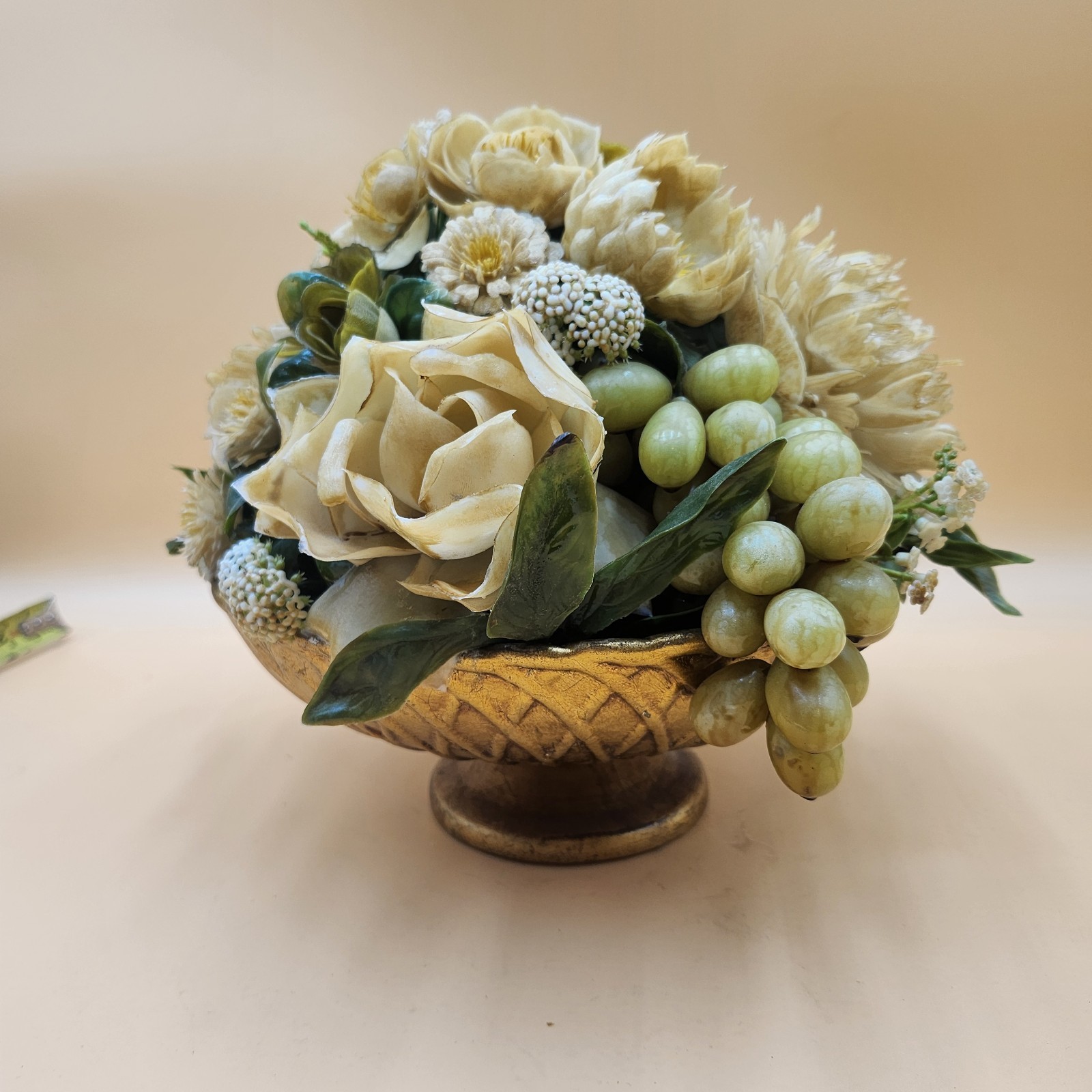 Vintage gold bowl artificial flower fruit arrangement white green Mid Century