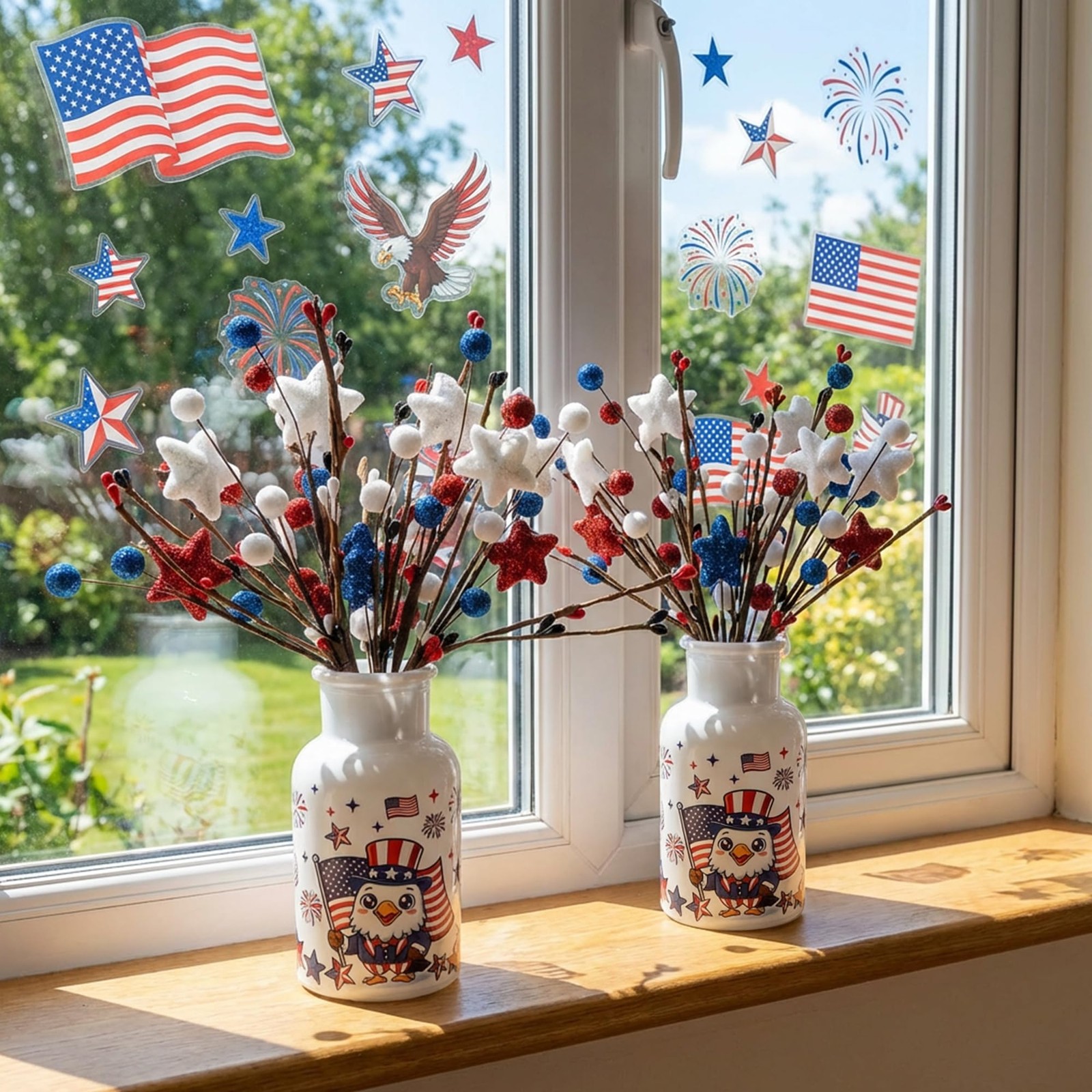 2 Set Patriotic Artificial Flower Stems with Glass Vase, 4th of July Artifici…