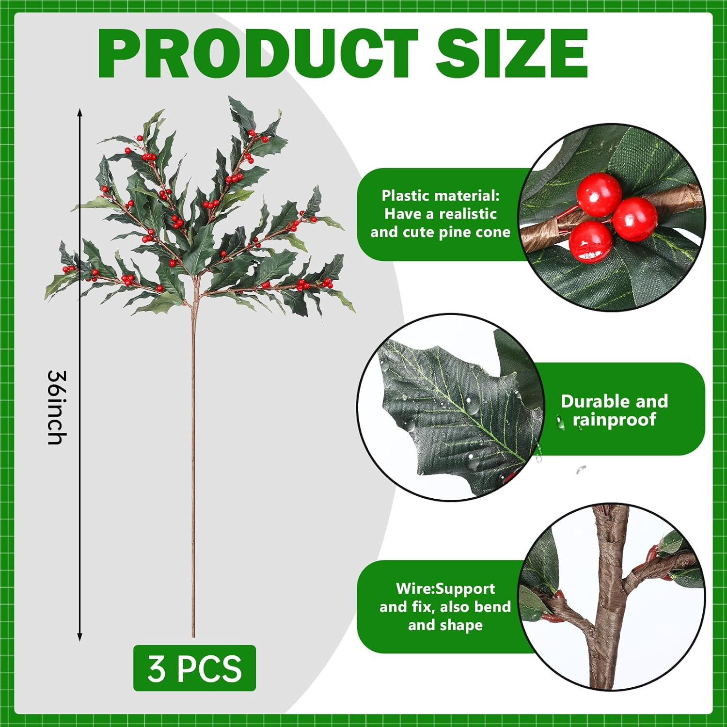 36 Inch Large Red Holly Branches 3 Pcs Christmas Burgundy Berry Stems Faux Artif