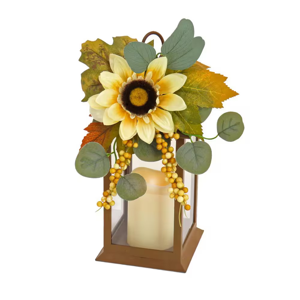13″ Sunflower and Eucalyptus Decorated Harvest Lantern