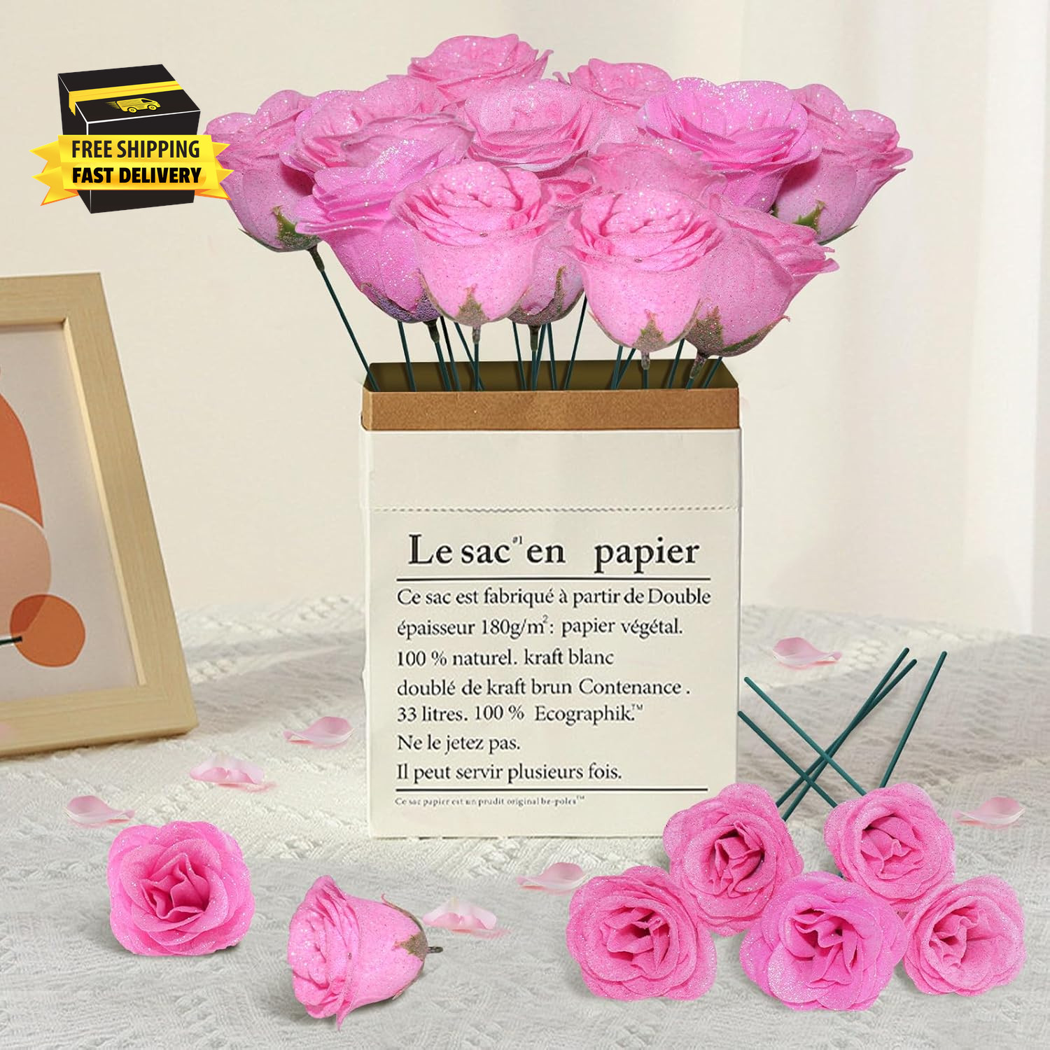 Pink Glitter Roses Bouquet, 24 Pcs Shiny Glitter Flowers Bouquet, Everlasting Ar