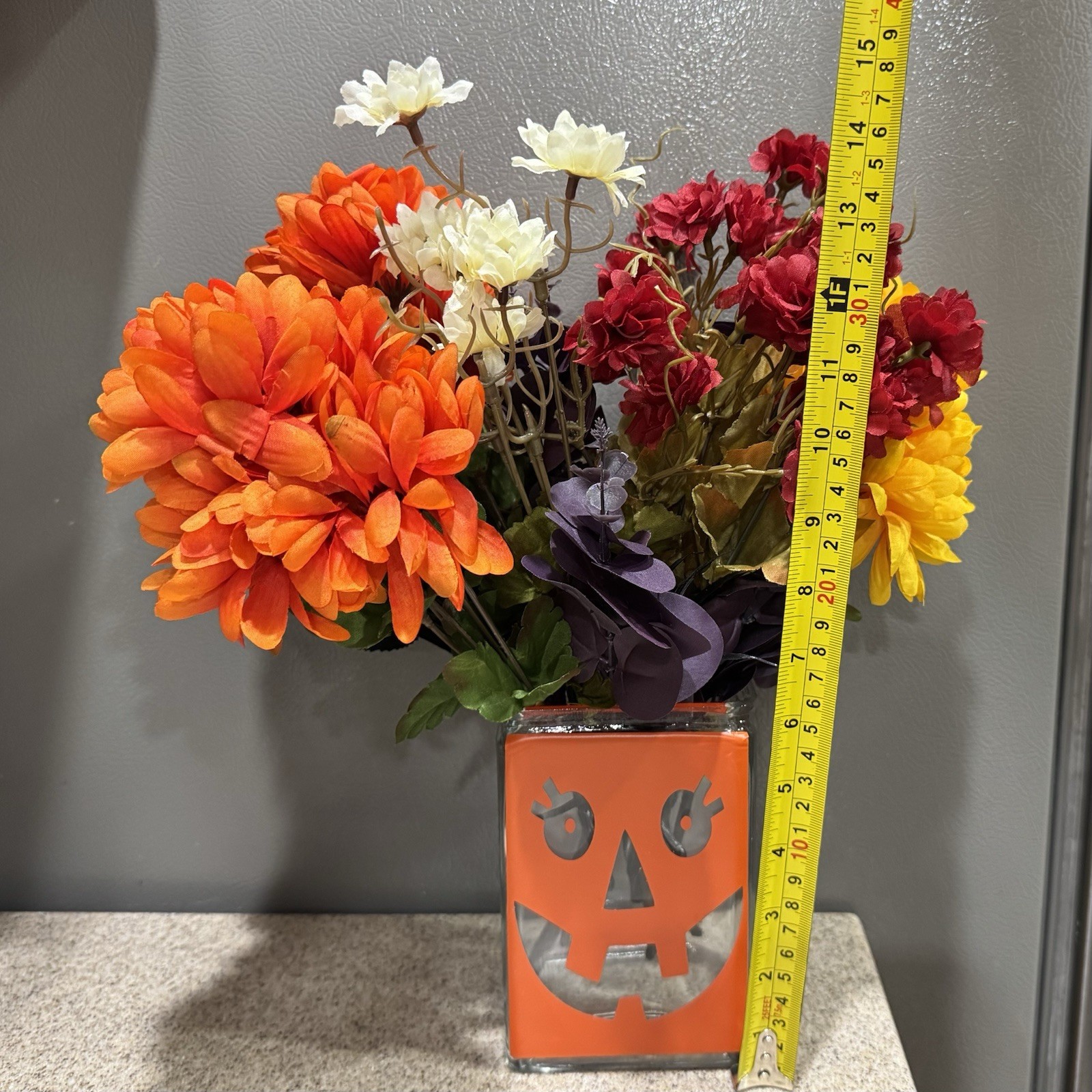 Fall Halloween 15” Display Decor Glass 6” Square Pumpkin Vase Faux Flowers EUC