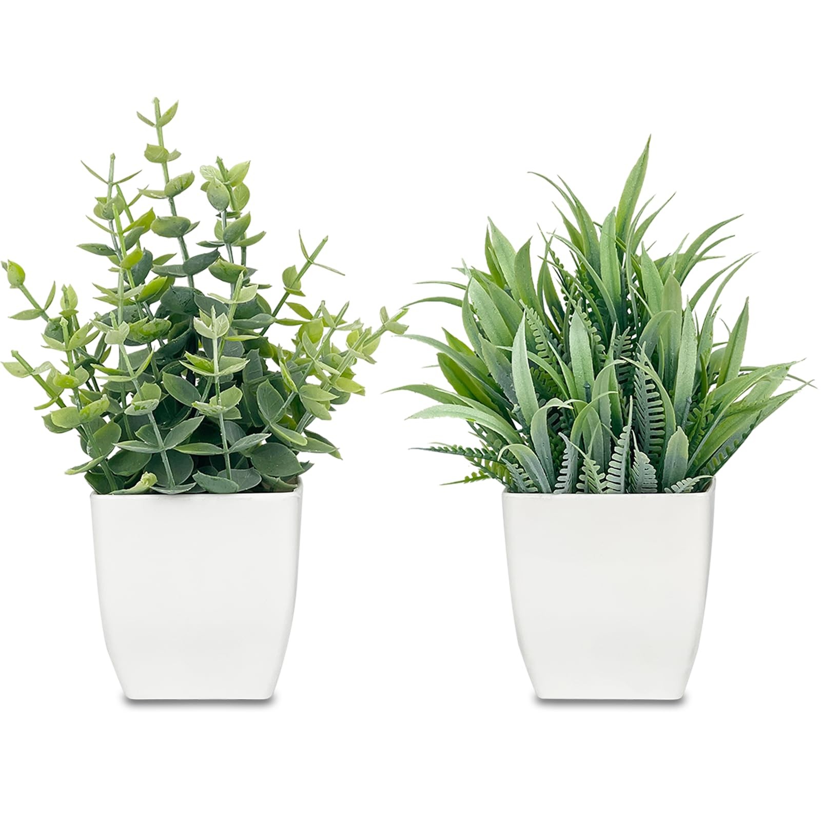 2 Pack 7.5 Inch Small Artificial Potted Fake Eucalyptus Indoor Plants Sage