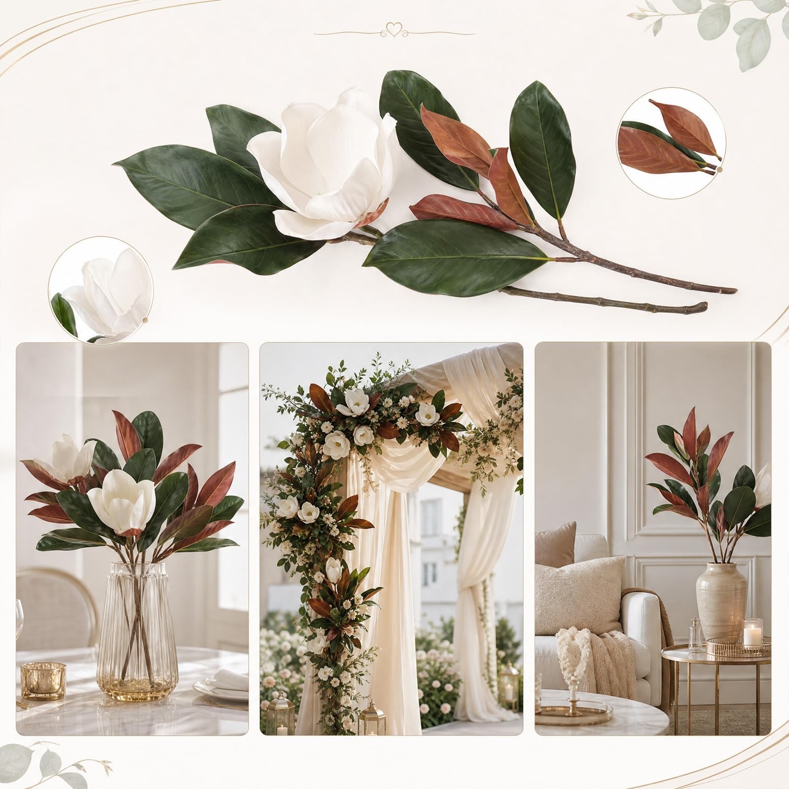 8 Pcs Magnolia Flower Set 4 White Artificial Magnolia Flower Stems 4 Branches…