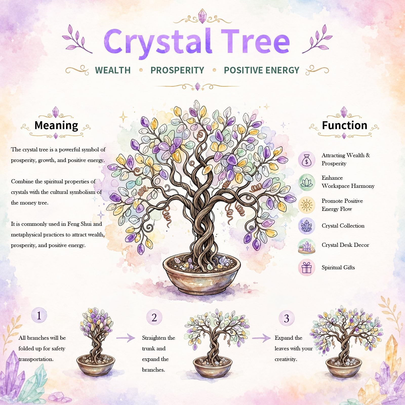 Amethyst Crystal Tree Of Life Rose Quartz Base Money Tree Decor 66.7 Inch