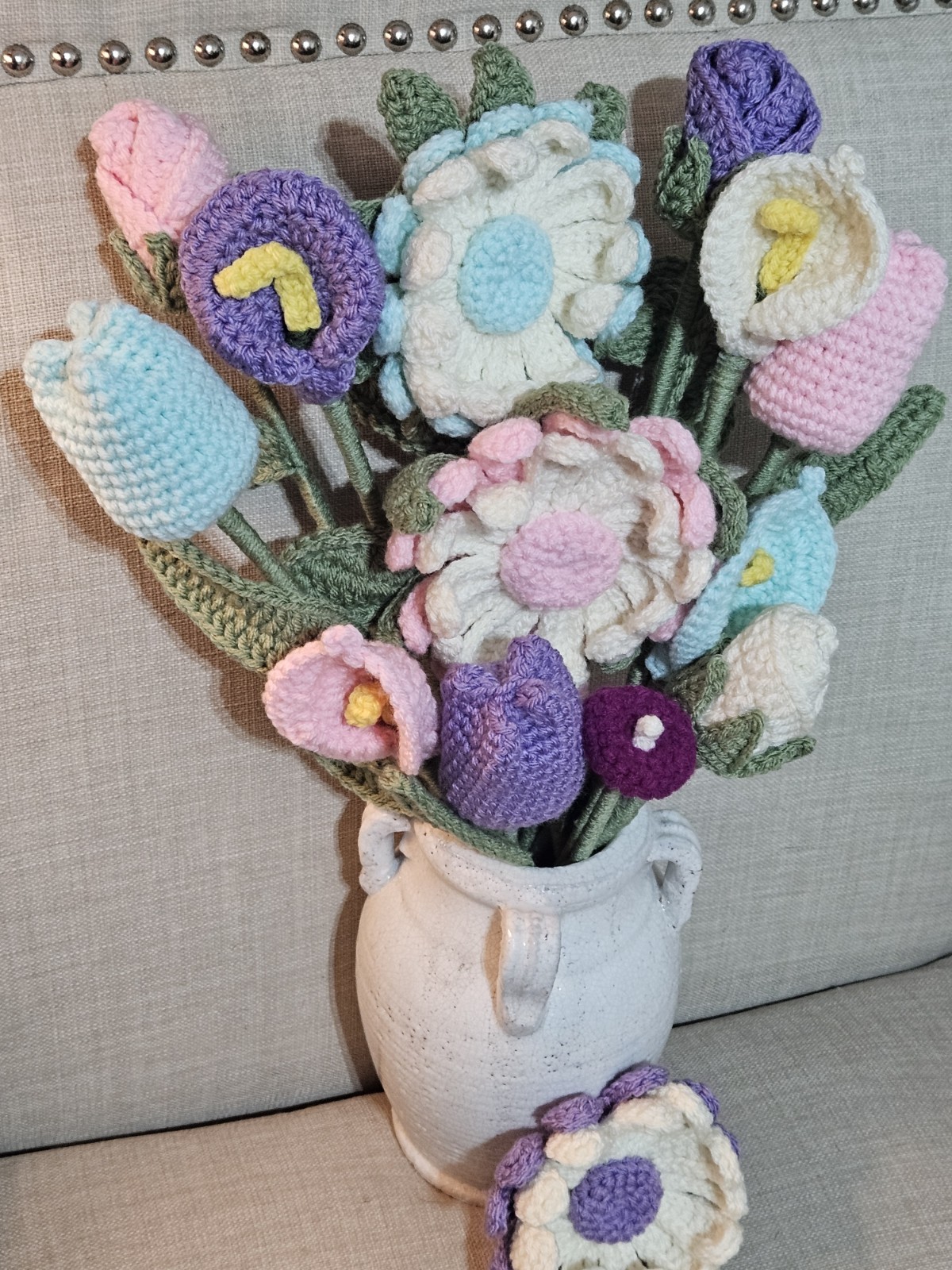 Handmade Crocheted Forever Flower Bouquet Roses Tulips Calla Lily Daisy