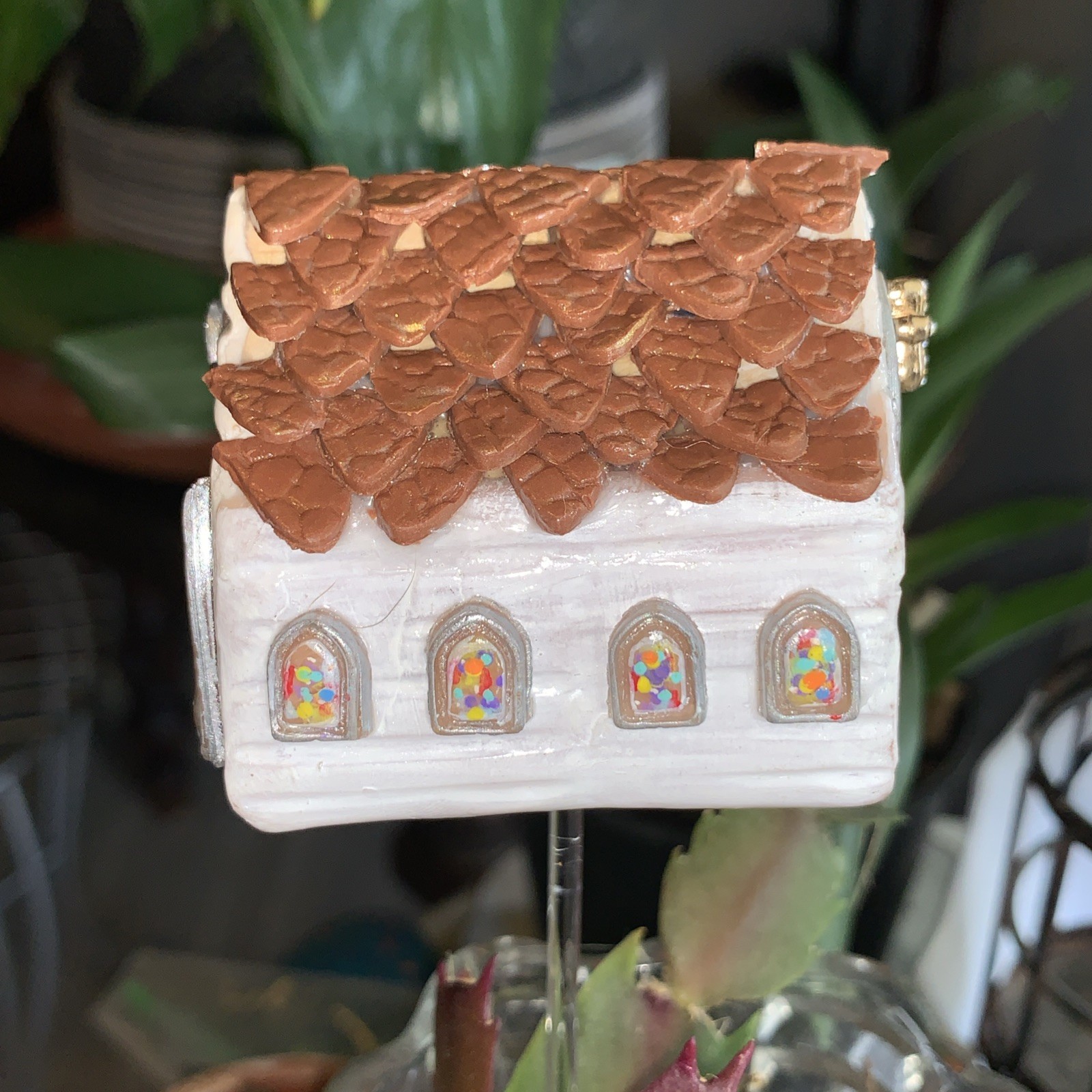 Handmade One Of A Kind Polymer Clay Church With Stained Glass Window Plant Stick