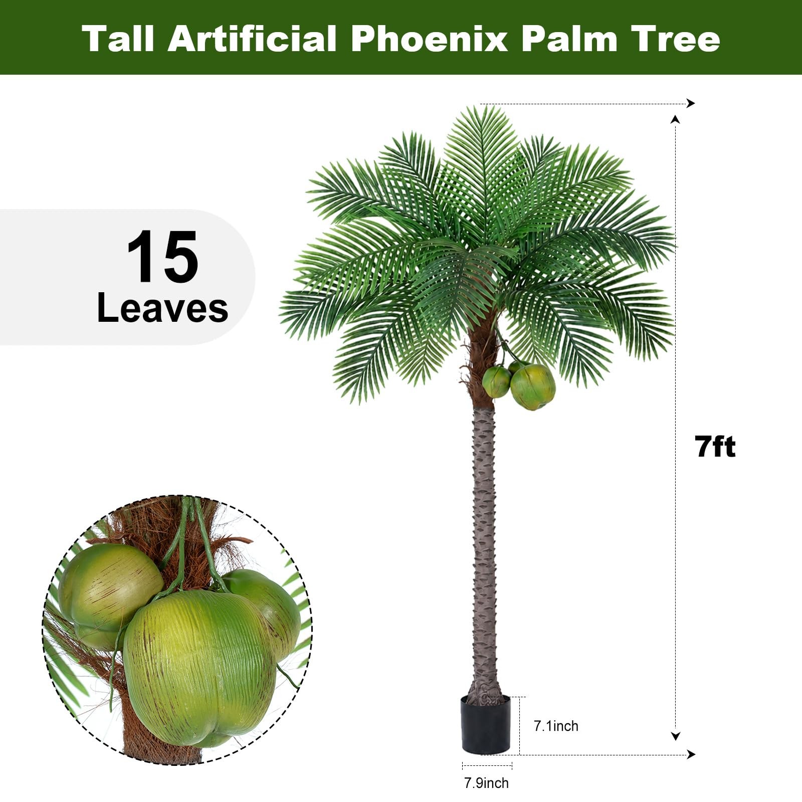 7ft Tall Artificial Phoenix Palm Tree with 3 Coconut Fruits, Large Fake Tropi…