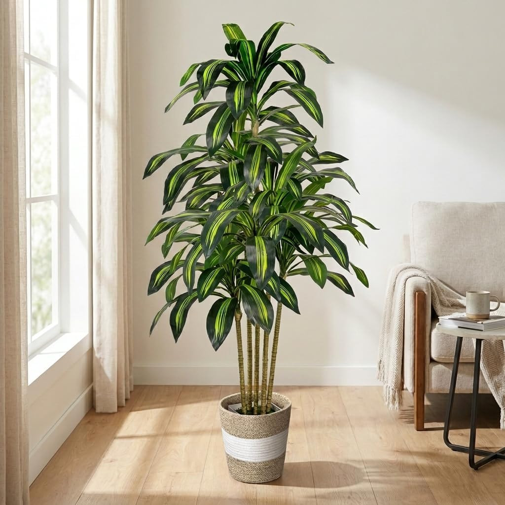 5FT Artificial Dracaena Tree – Tall Faux Dracaena with White Planter, Artificial