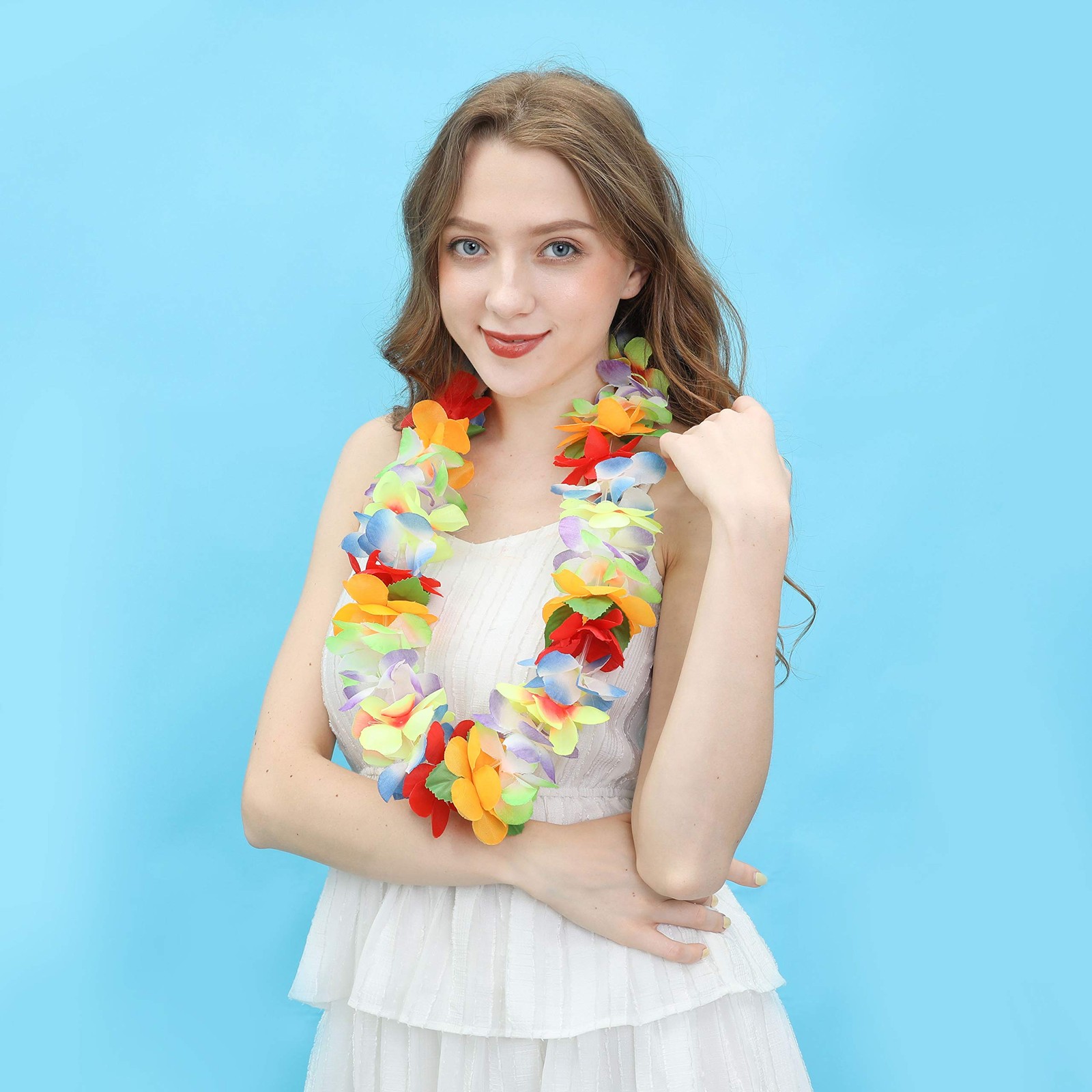 Pack of 5 Ruffled Hawaiian Simulated Silk Flower Hula Luau Party Leis Necklac…