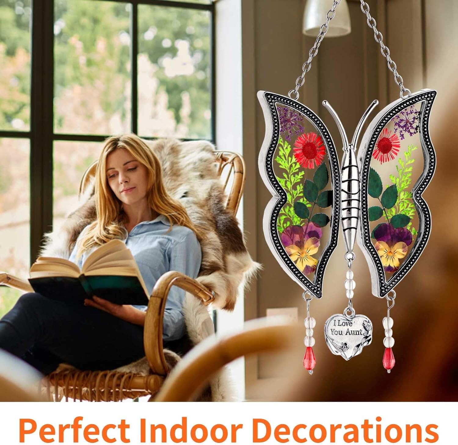 Aunt’s Gift, Butterfly Sun Catch Carefully Designed with Real Flower Glass Metal