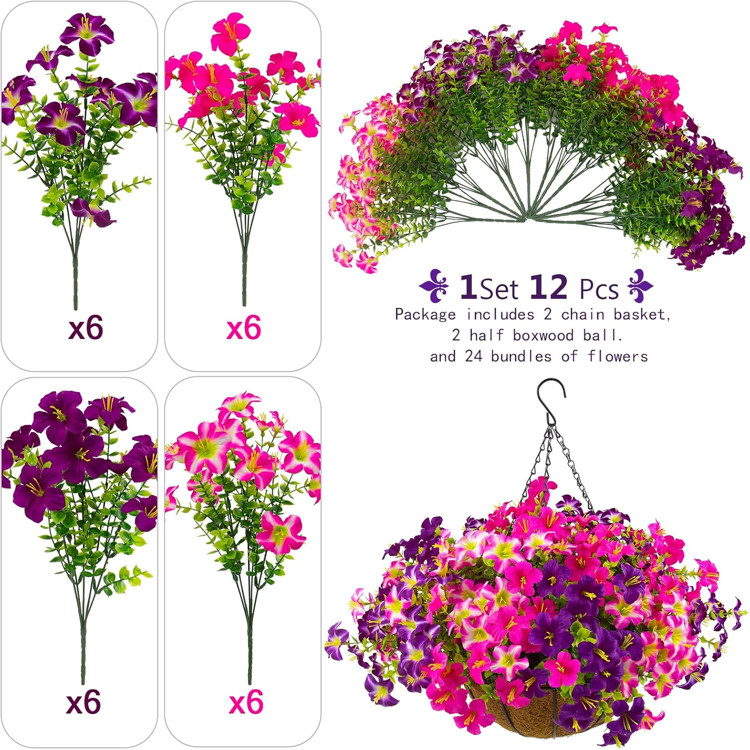 2 Set Artificial Outdoor Petunias Flowers with Hanging Baskets, 24 Pcs UV Resist