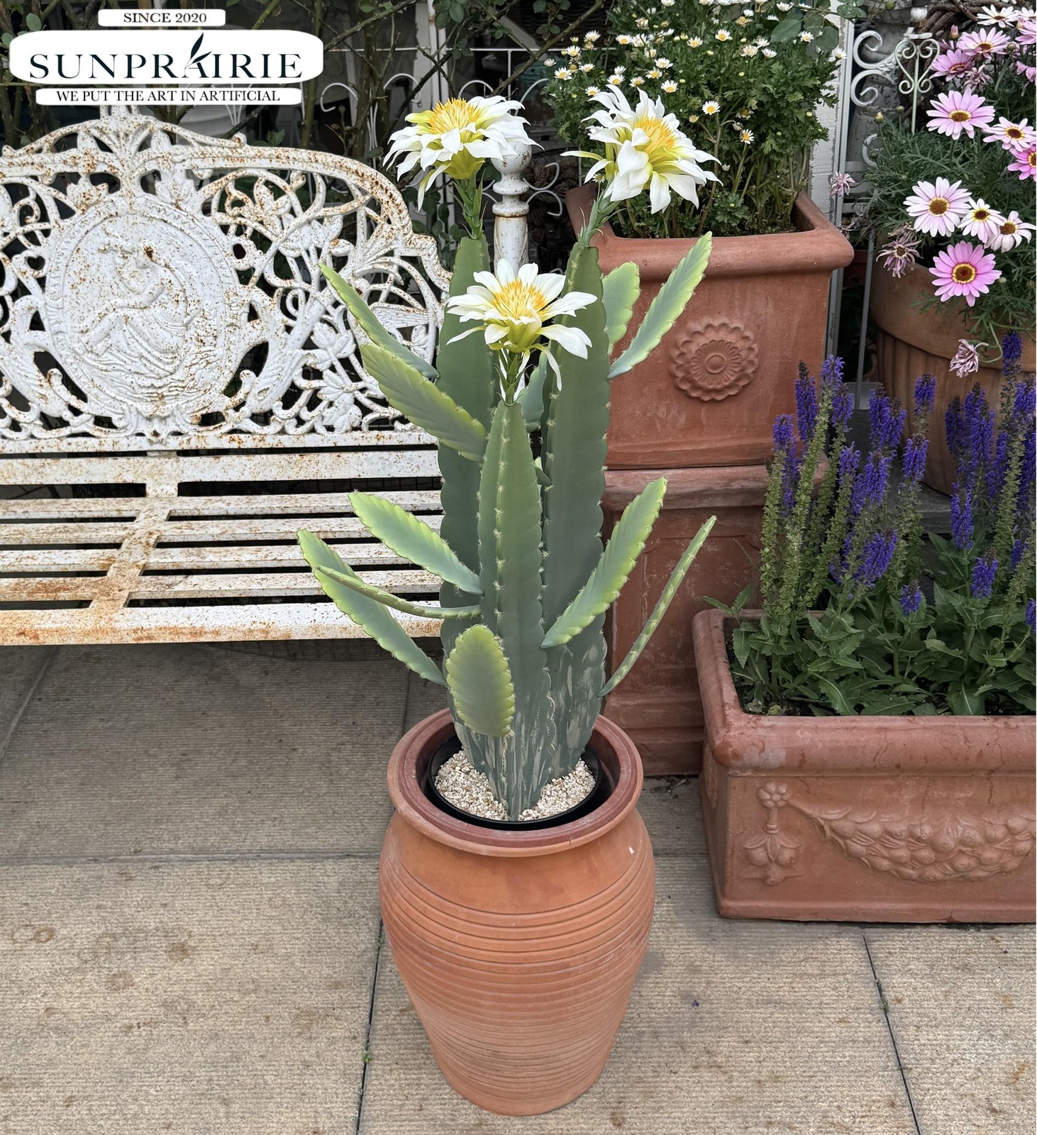 33 Inch Large Artificial Cactus with Lilly White Flowers in Pot with Natural …