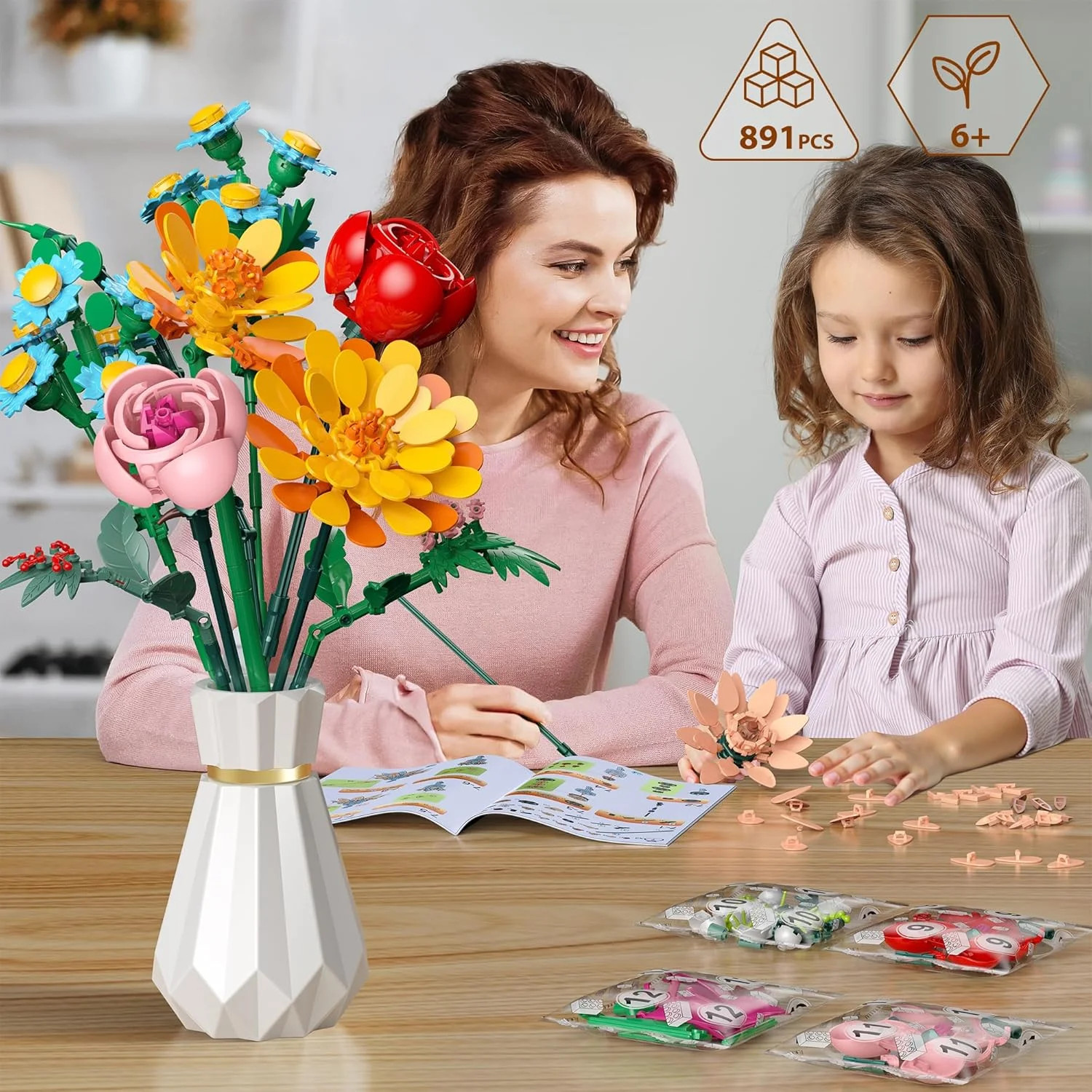 Ancesfun Flowers Bouquet Building Set, 891 PCS Artificial Wildflower Botanical C