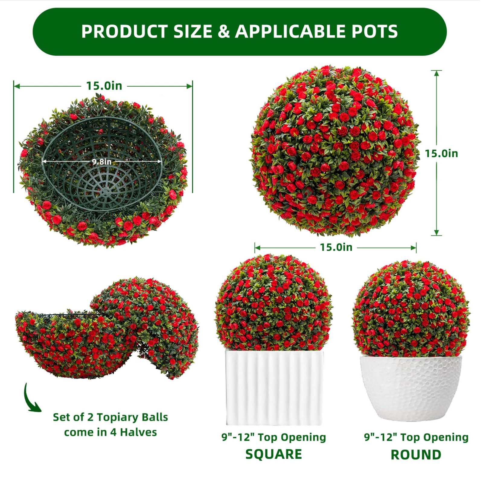 Red Artificial Topiary Balls 2Pack, 22 Inch Flower Topiary Ball for Outdoor D…