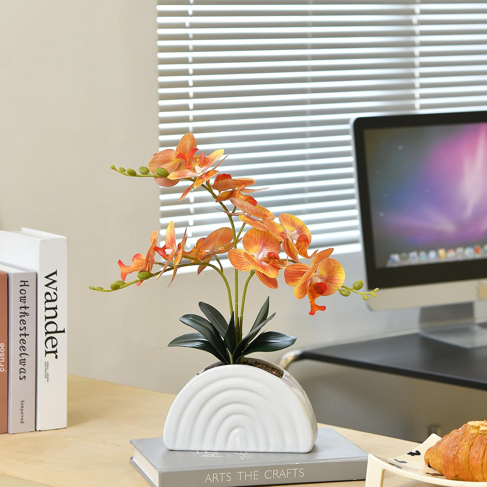 Artificial Orchid Plant In White Rainbow Pot Silk Phalaenopsis Flowers Orange