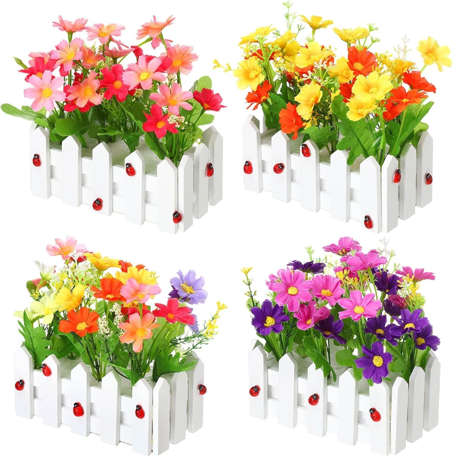 Jexine Artificial Flower Plants Potted in Picket Fence (6.3 Inch, 24 Pcs)