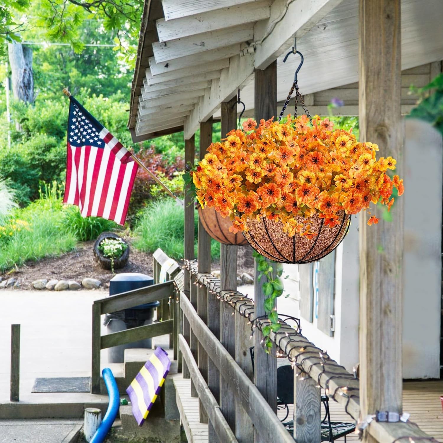 2pcs UV Resistant Artificial Fall Mums Hanging Basket for Vibrant Outdoor Decor