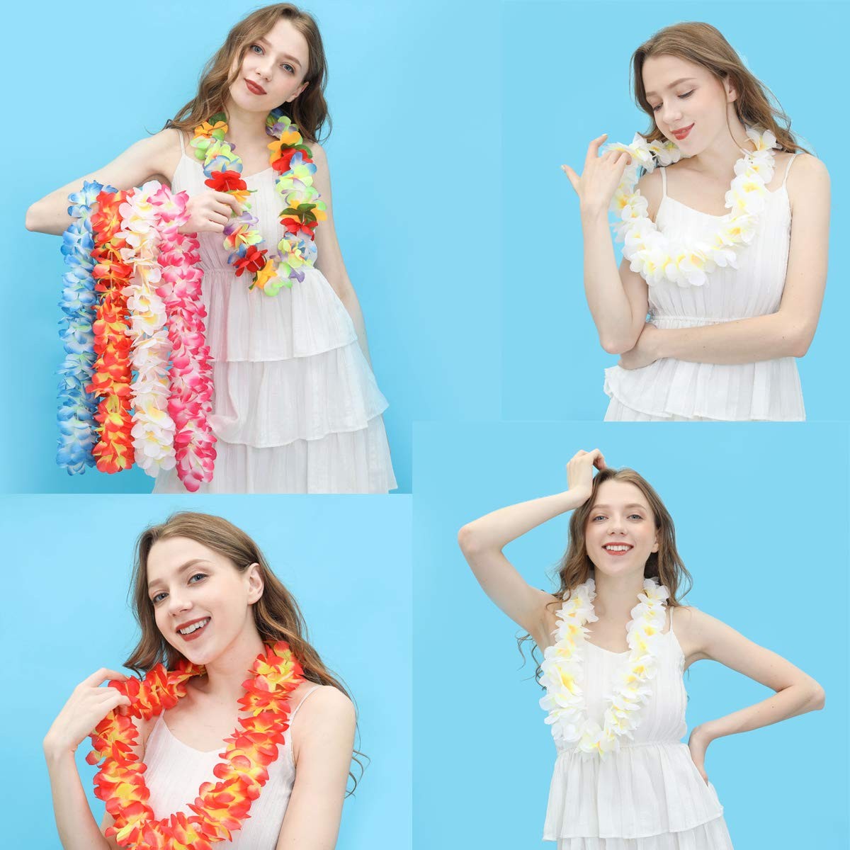 Pack of 5 Ruffled Hawaiian Simulated Silk Flower Hula Luau Party Leis Necklac…