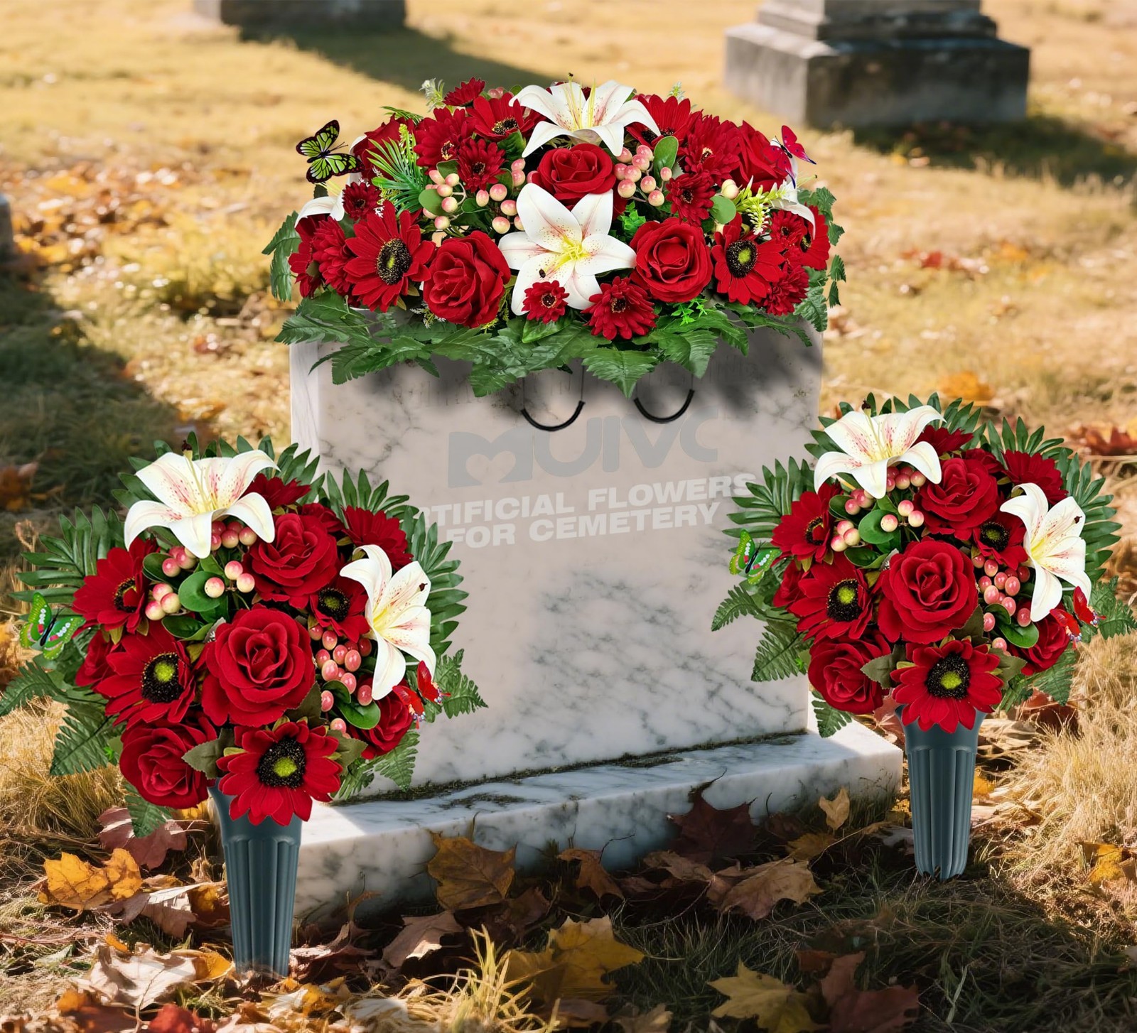 Artificial Cemetery Flower Bouquets – 3-Piece Grave Saddle Set, Colorfast Roses