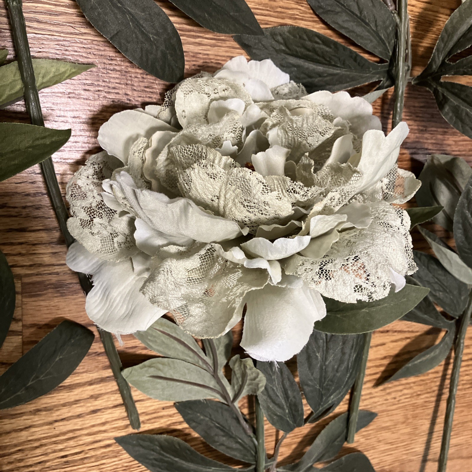 Set of 5 Sage Green Peony Stems With Lace Accent Petals Long Stem Flexible Wire